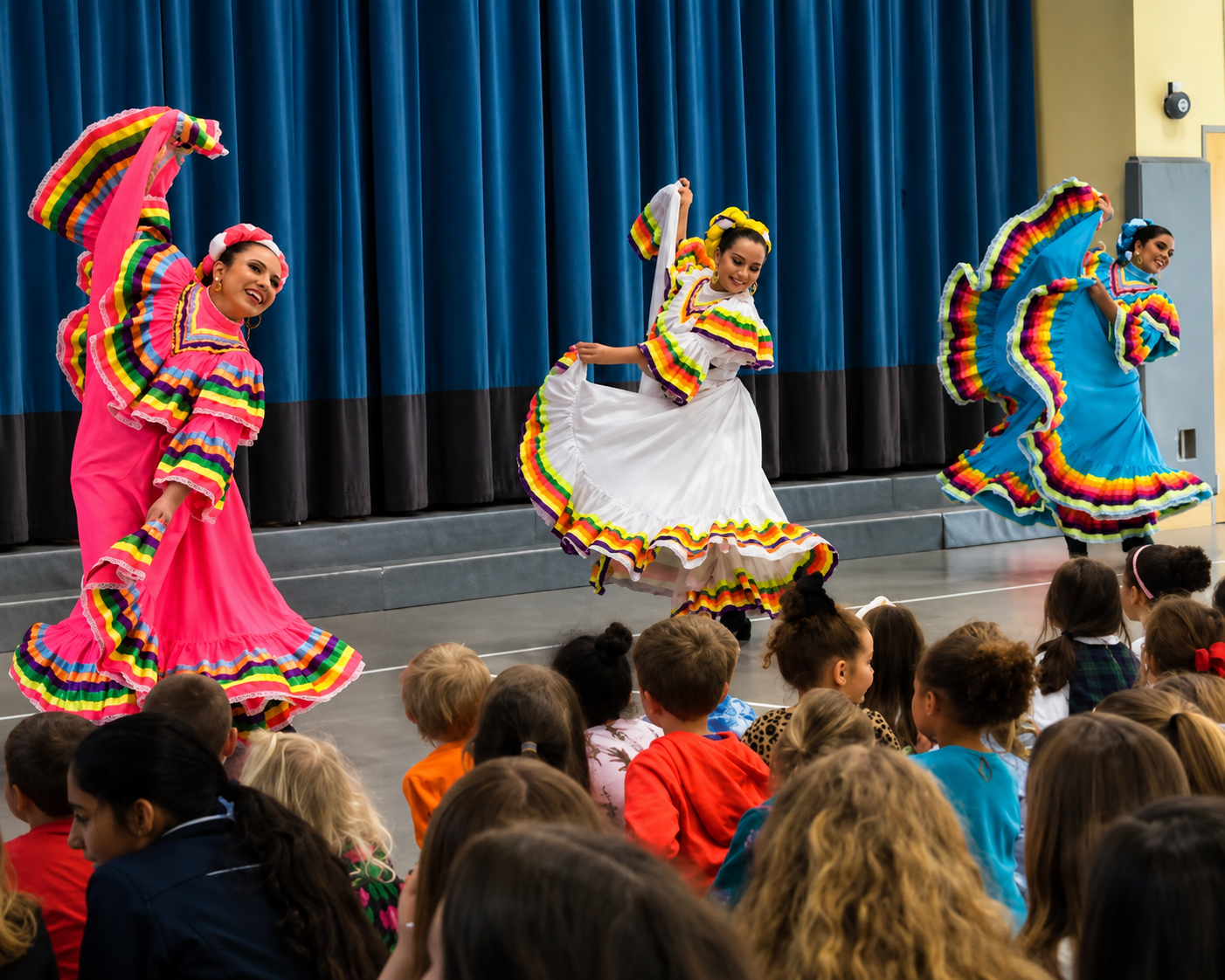 3 women dance in traditional Peruvian dresses in front of a student audience